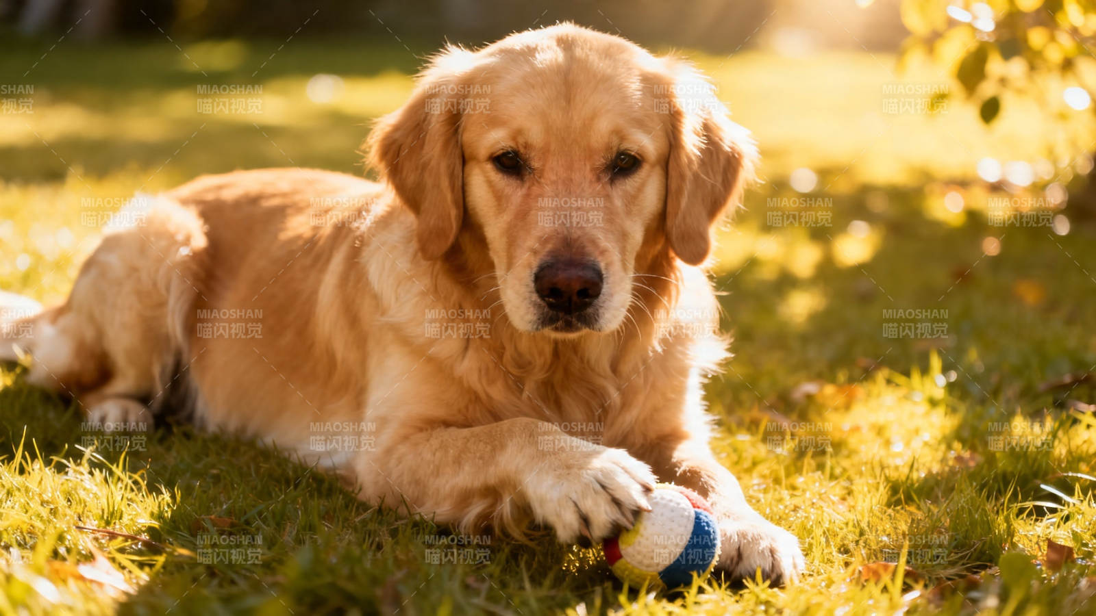 金毛犬草地玩球晒太阳图片