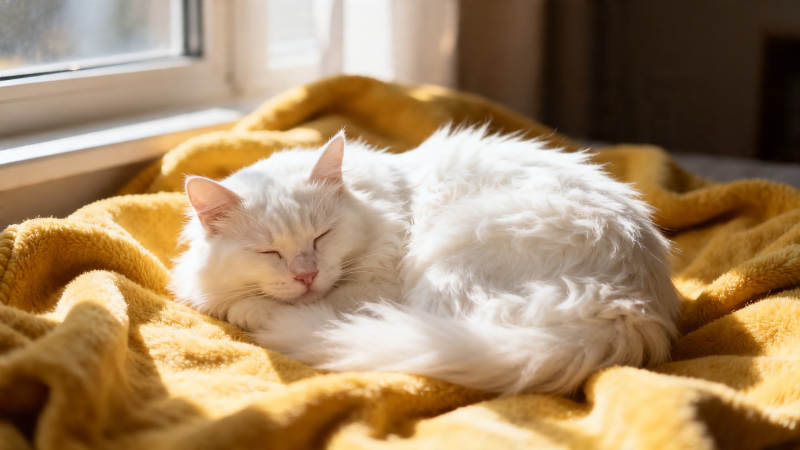 阳光下的白猫酣睡图片