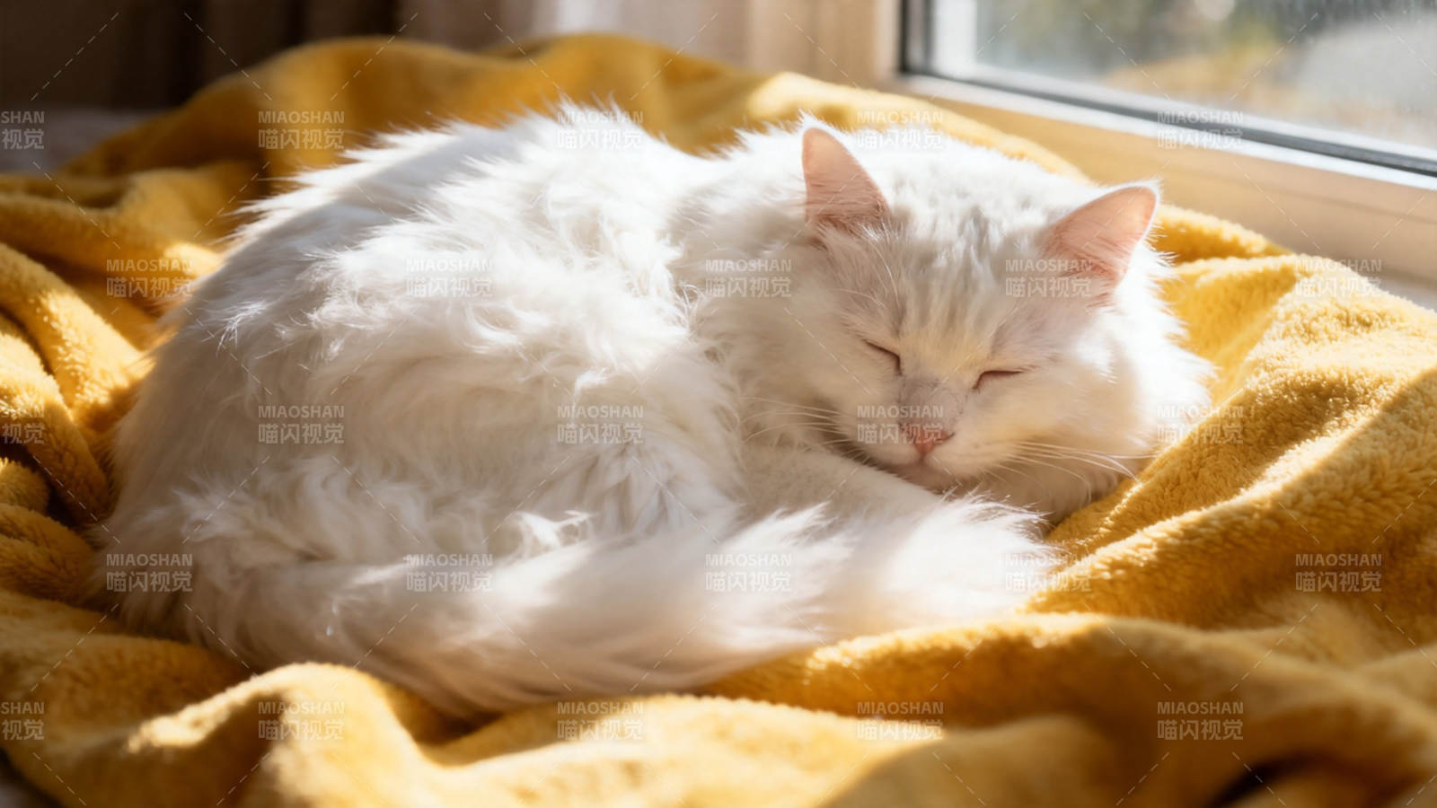 白猫晒暖黄毯上酣睡图片