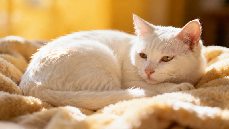 白猫暖阳卧毯上图片