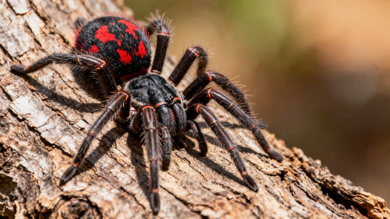 红黑毛蛛栖树干图片