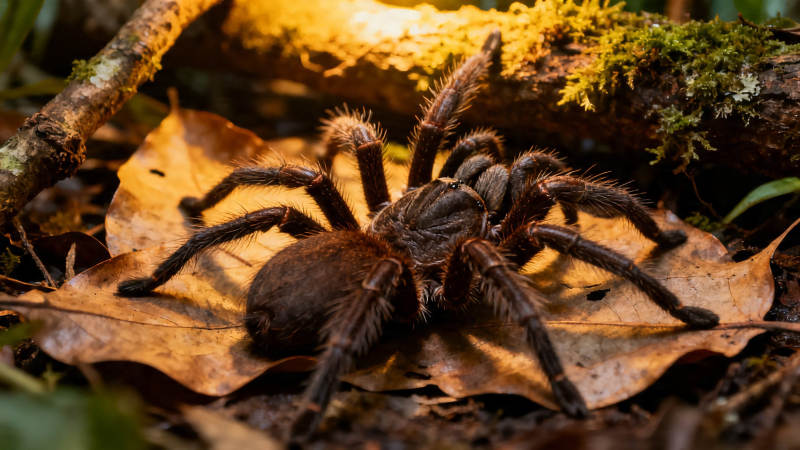 林间落叶上的毛蜘蛛图片