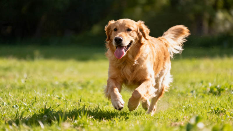 金毛犬草地上欢快奔跑图片