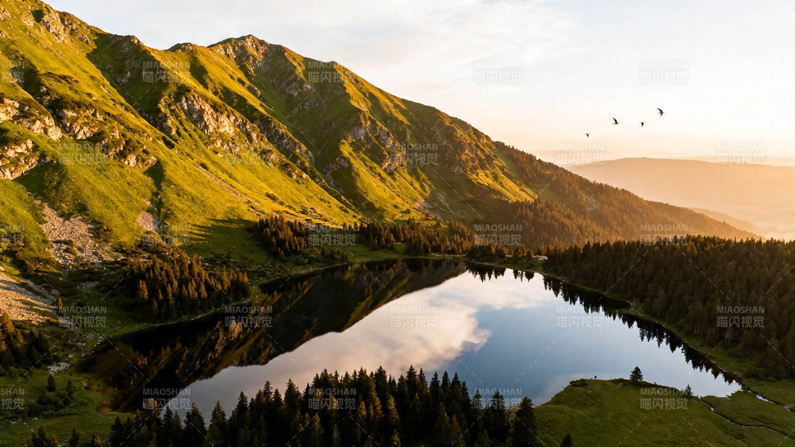 山湖映霞 飞鸟掠空图片