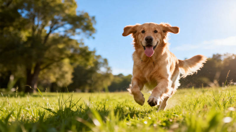 金毛犬草地上快乐奔跑图片