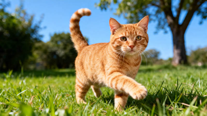 橘猫草地漫步 阳光正好图片