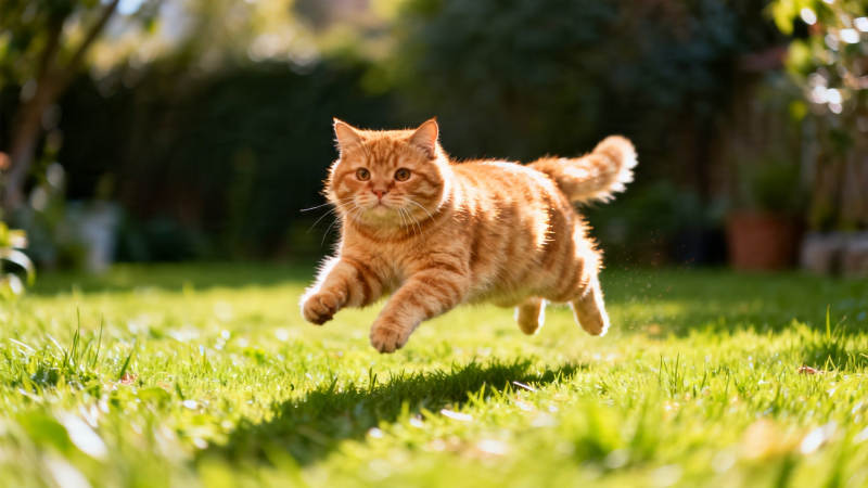 橘猫跃草间 阳光伴飞身图片