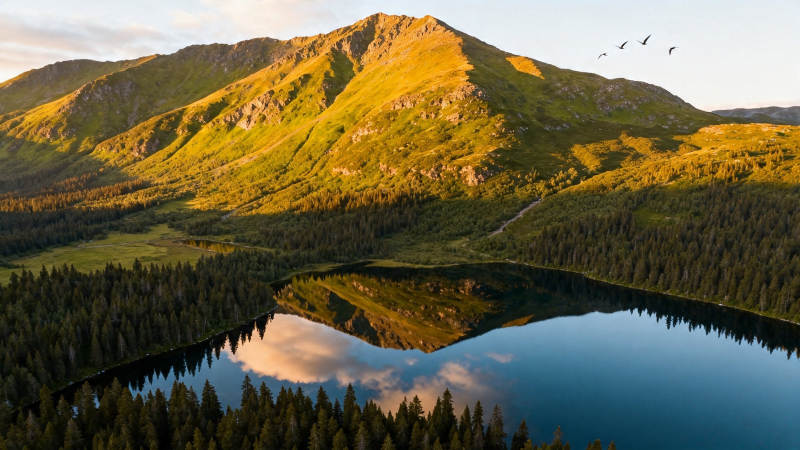 山湖倒影 飞鸟掠金峰图片