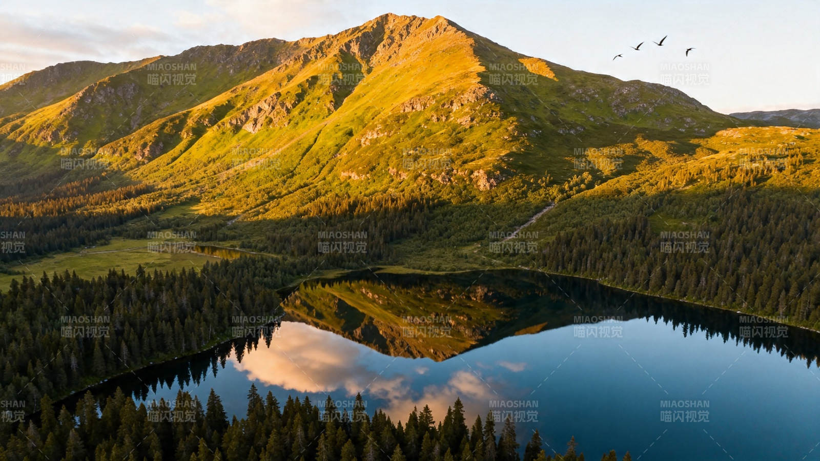 山湖倒影 飞鸟掠金峰图片
