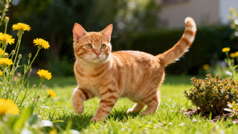 橘猫漫步花丛间图片