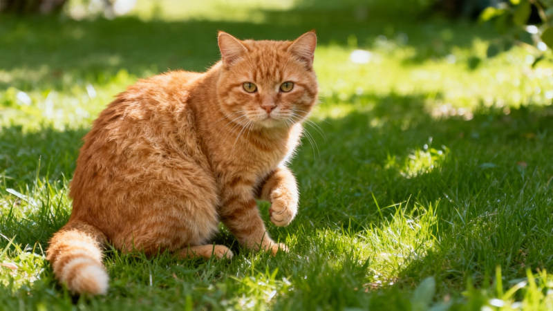 橘猫坐草地 阳光洒满身图片