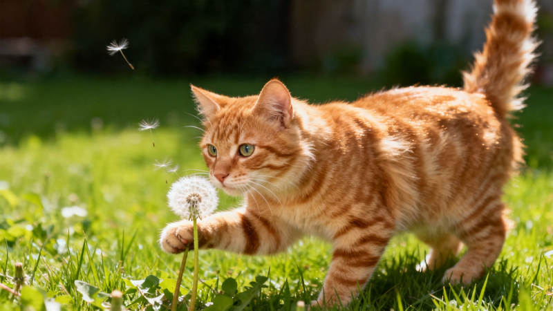 橘猫扑蒲公英 萌态十足图片