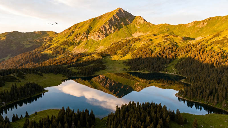 山湖倒影 飞鸟掠金峰图片
