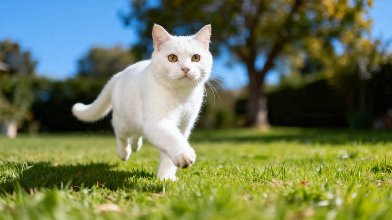 白猫草地奔跑萌态十足图片
