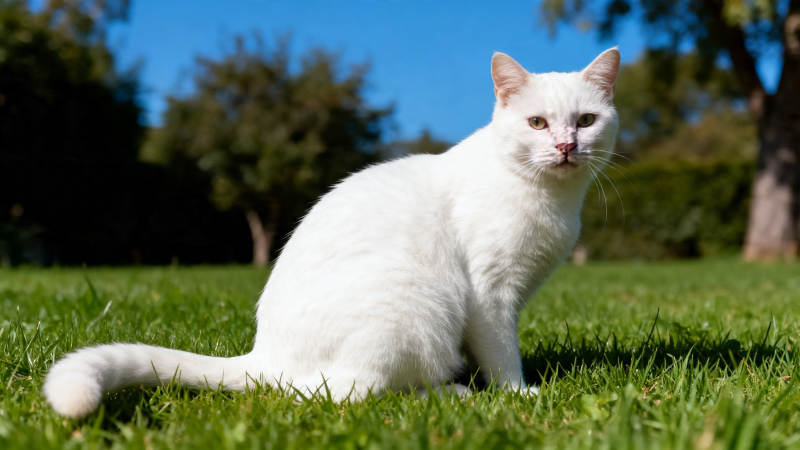 白猫坐绿草 蓝天为背景图片