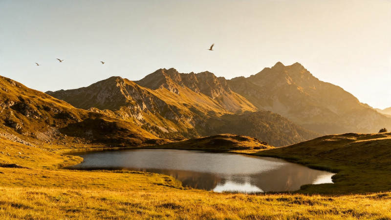 山湖夕照 飞鸟掠金野图片