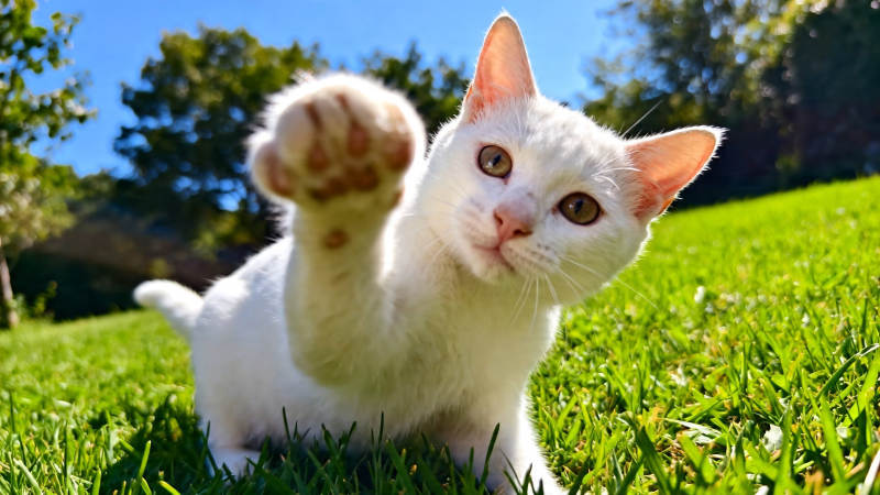 白猫草地挥爪萌态十足图片