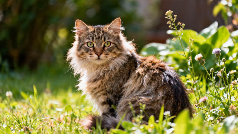 草地上毛茸茸的猫图片