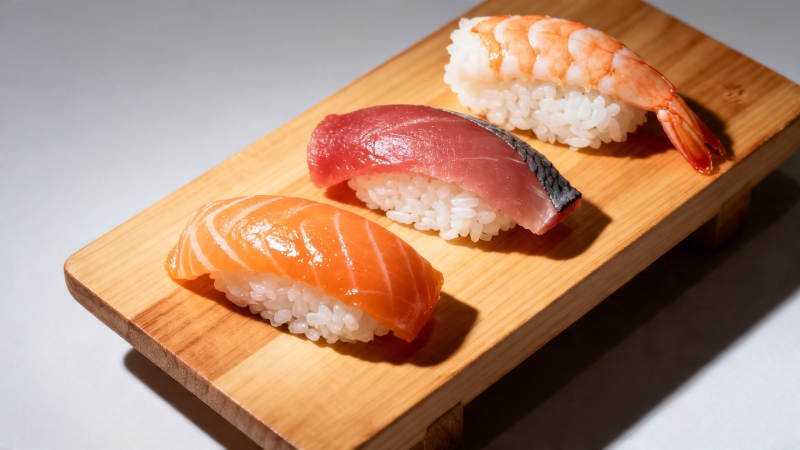 三贯寿司木盘摆盘图片