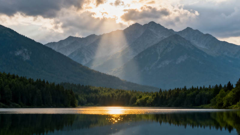 山湖夕照 金光穿云图片