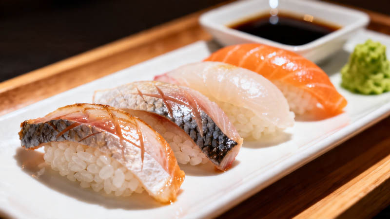 日式寿司拼盘配酱油芥末图片