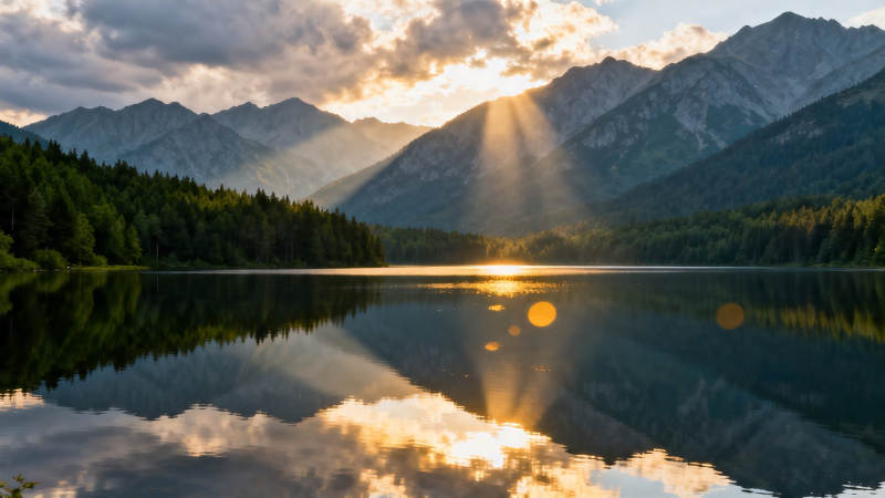 山湖夕照 金辉映水间图片