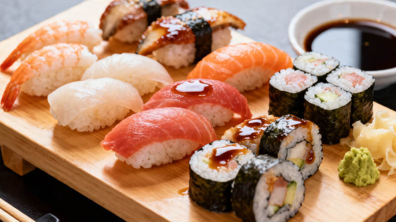 寿司拼盘配酱油芥末图片