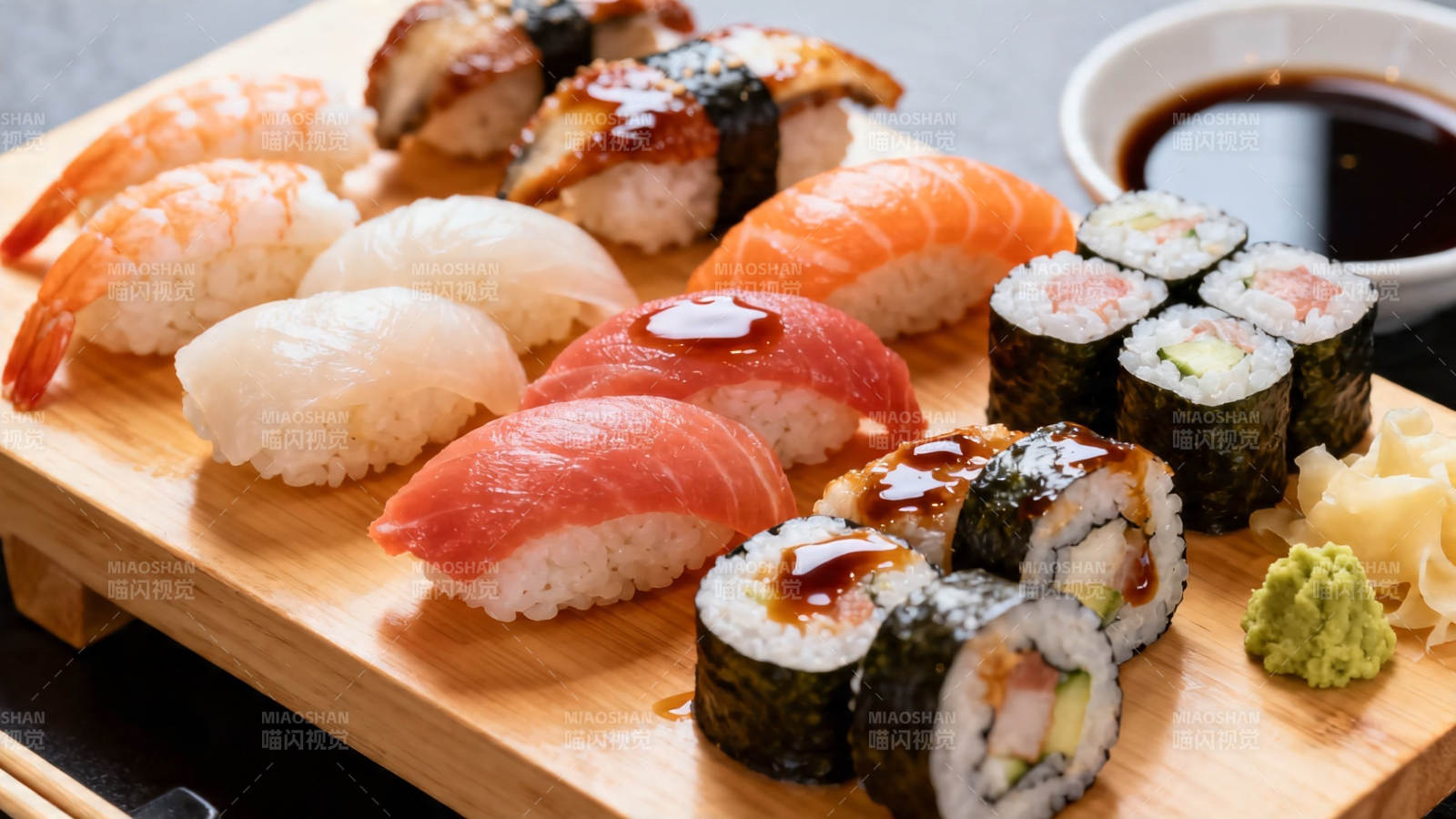 寿司拼盘配酱油芥末图片