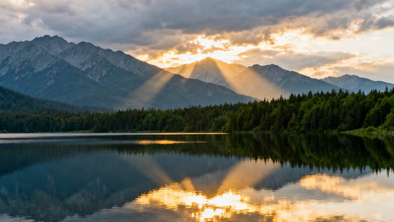 山湖夕照 云光倒影如画图片