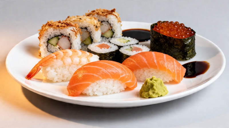 寿司拼盘配芥末酱油图片