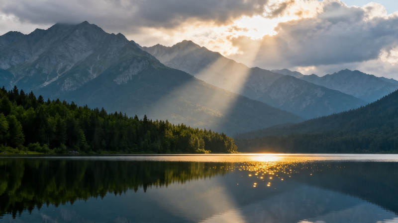 山湖夕照 金光穿云映水图片