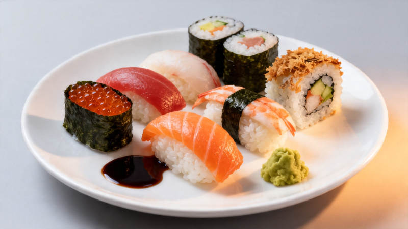 寿司拼盘配酱油芥末图片