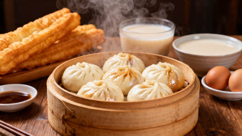 中式早餐 小笼包配油条豆浆图片