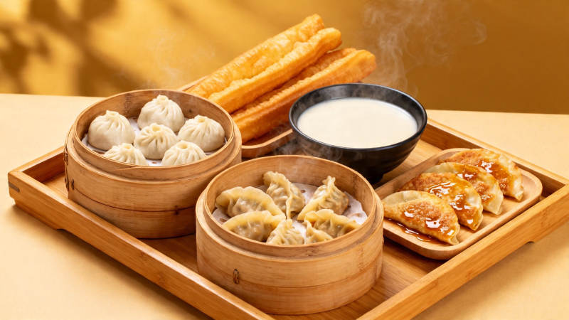 中式早餐 蒸饺油条豆浆图片