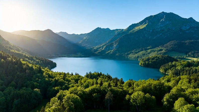青山环抱碧湖 晨光洒林间图片