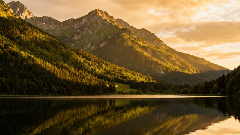 山湖夕照 金辉映水图片