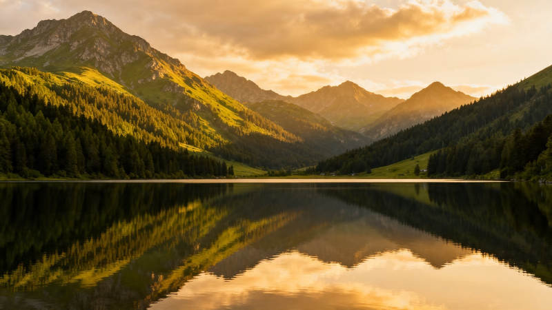 山湖夕照 倒影如画图片