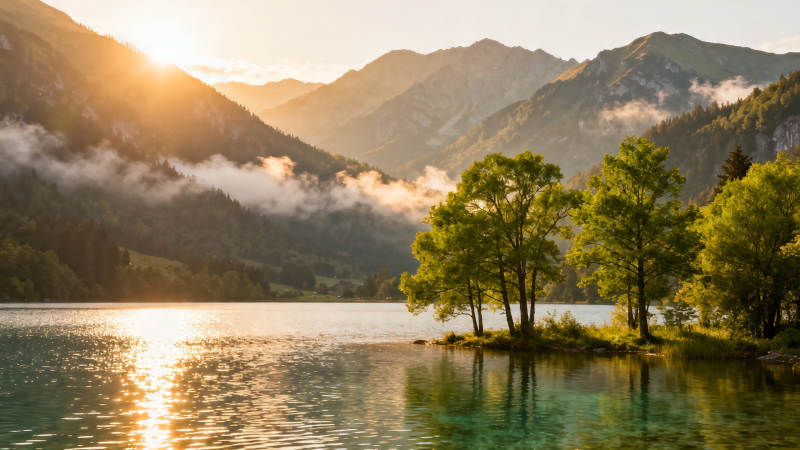 湖光山色 晨雾映金辉图片