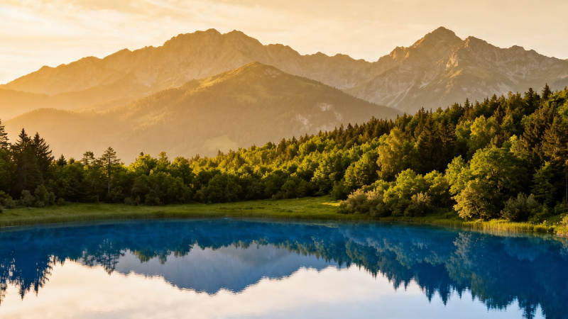 山湖倒影 金色晨曦图片