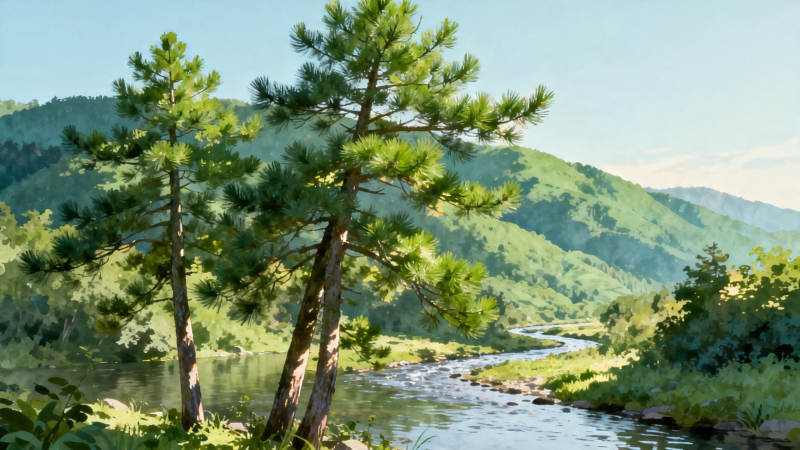 青山绿水 松影溪流静美图片