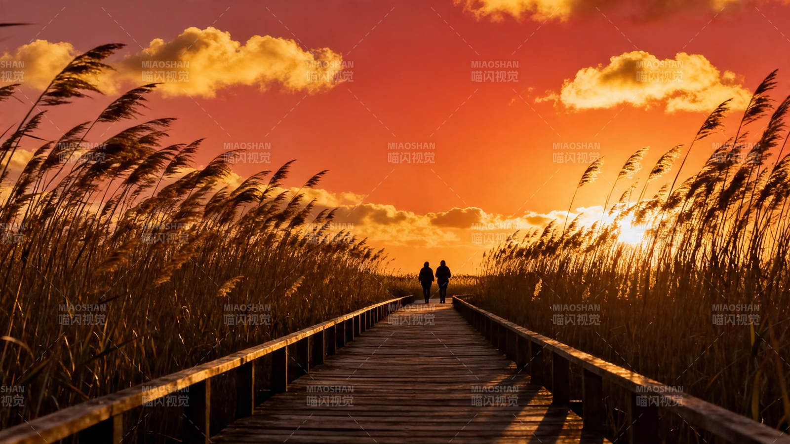 夕阳栈道 双人剪影图片