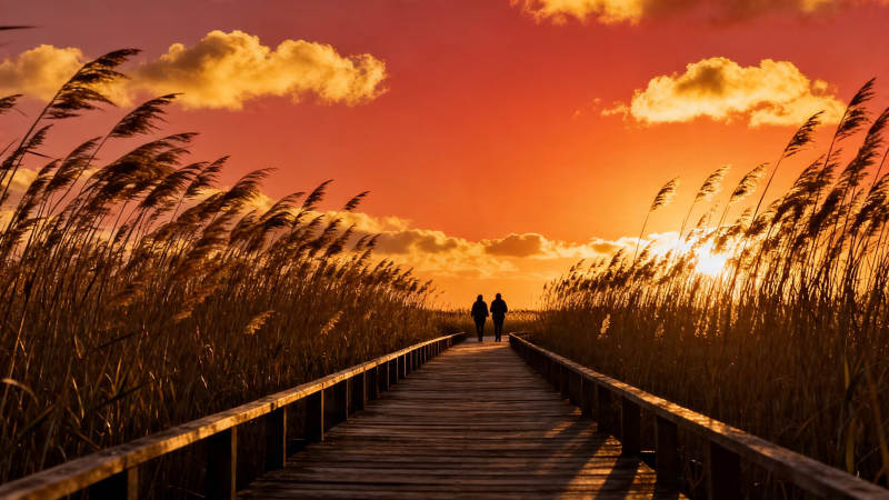 夕阳栈道 双人剪影图片