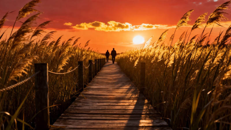 夕阳芦苇径 双人漫步时图片