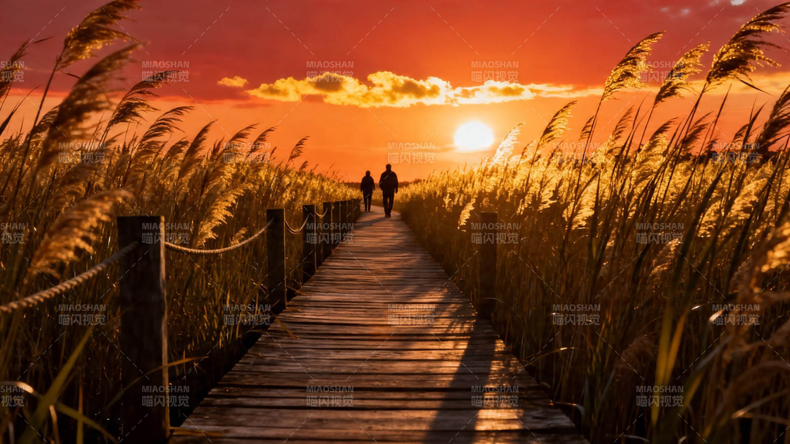 夕阳芦苇径 双人漫步时图片