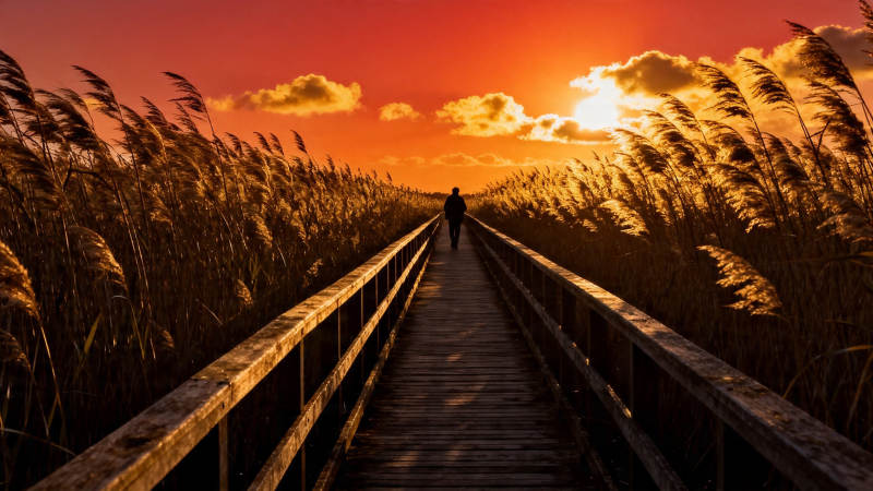 夕阳芦苇径 孤影向光行图片