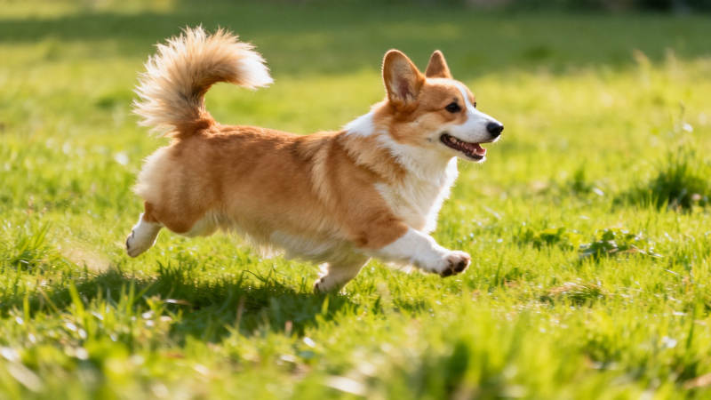 草地上奔跑的柯基犬图片