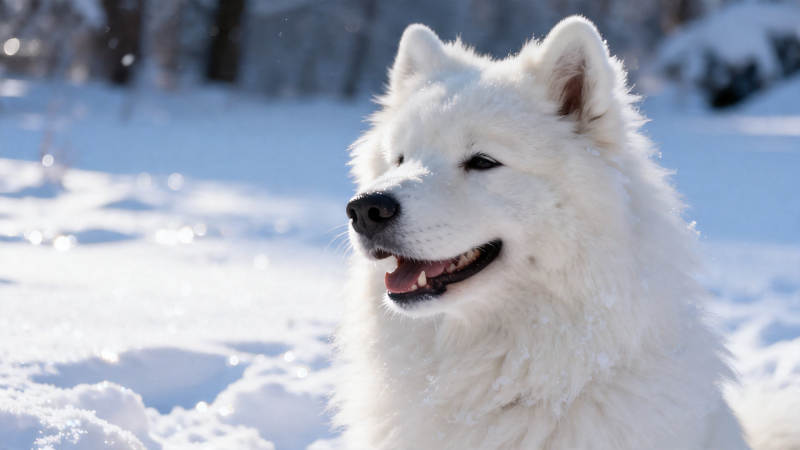 雪地里微笑的萨摩耶犬图片