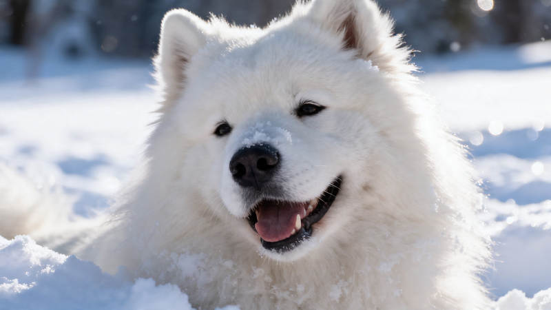 雪地里微笑的萨摩耶犬图片