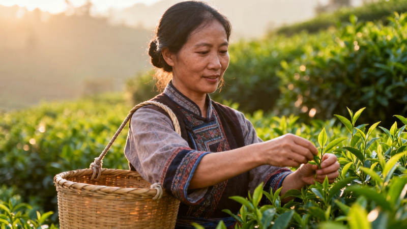 采茶女晨摘嫩芽图片
