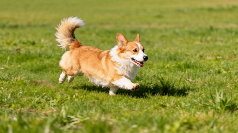 柯基奔跑在绿草地上图片